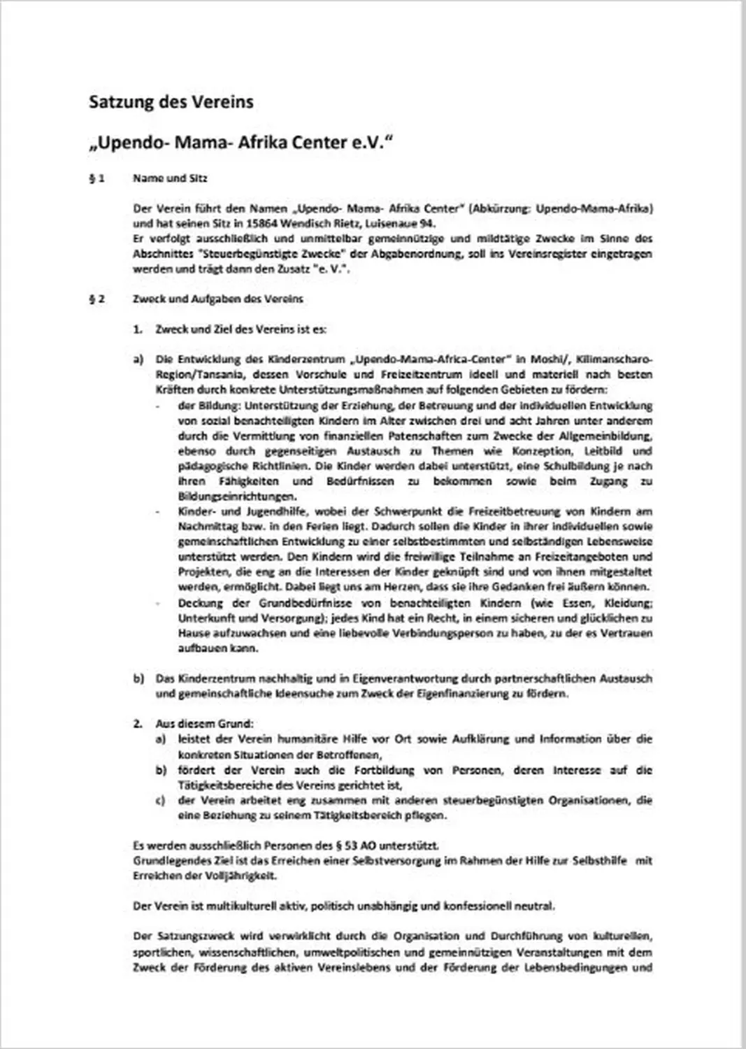 Satzung des gemeinnützigen Vereins